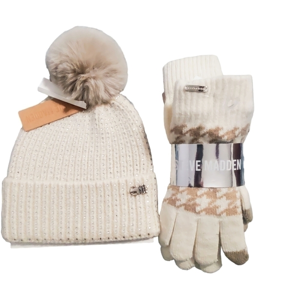 STEVE Madden Crystal Embellished Light Cream Knit Faux Winter Fall Beanie/gloves - Picture 1 of 3